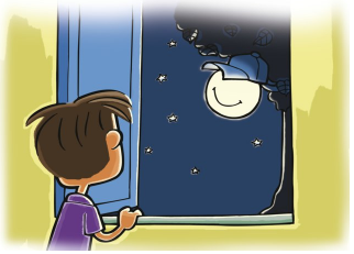The boy is looking out his window at the moon. The Moon is wearing a cap.